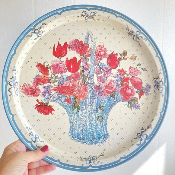 Vintage 80s Tray Floral Tulips & Basket Tin Serving Bar Potpourri Press Signed - Picture 2 of 10